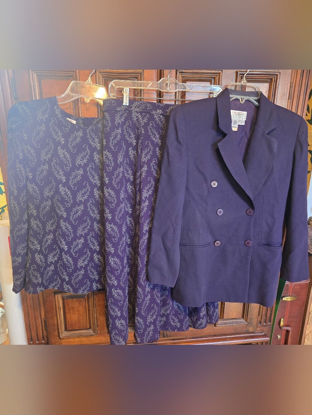 Talbots Petites Purple Floral 3Pc Set Blazer Skirt Blouse Woven 2P 4P Wool Poly